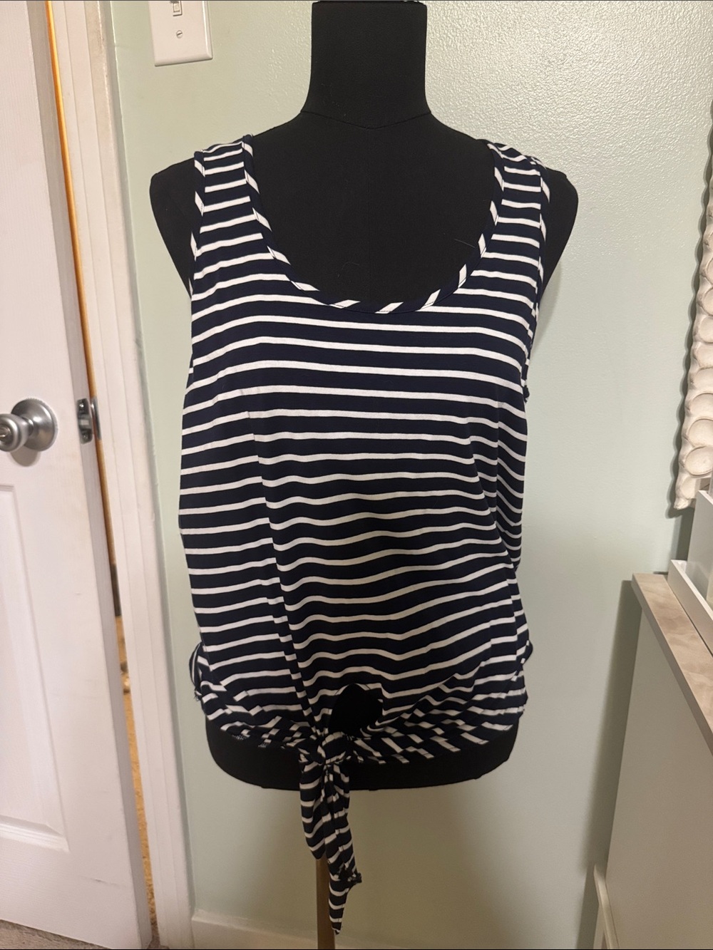 Maison Jules Navy and White Striped Tie-Front Tank